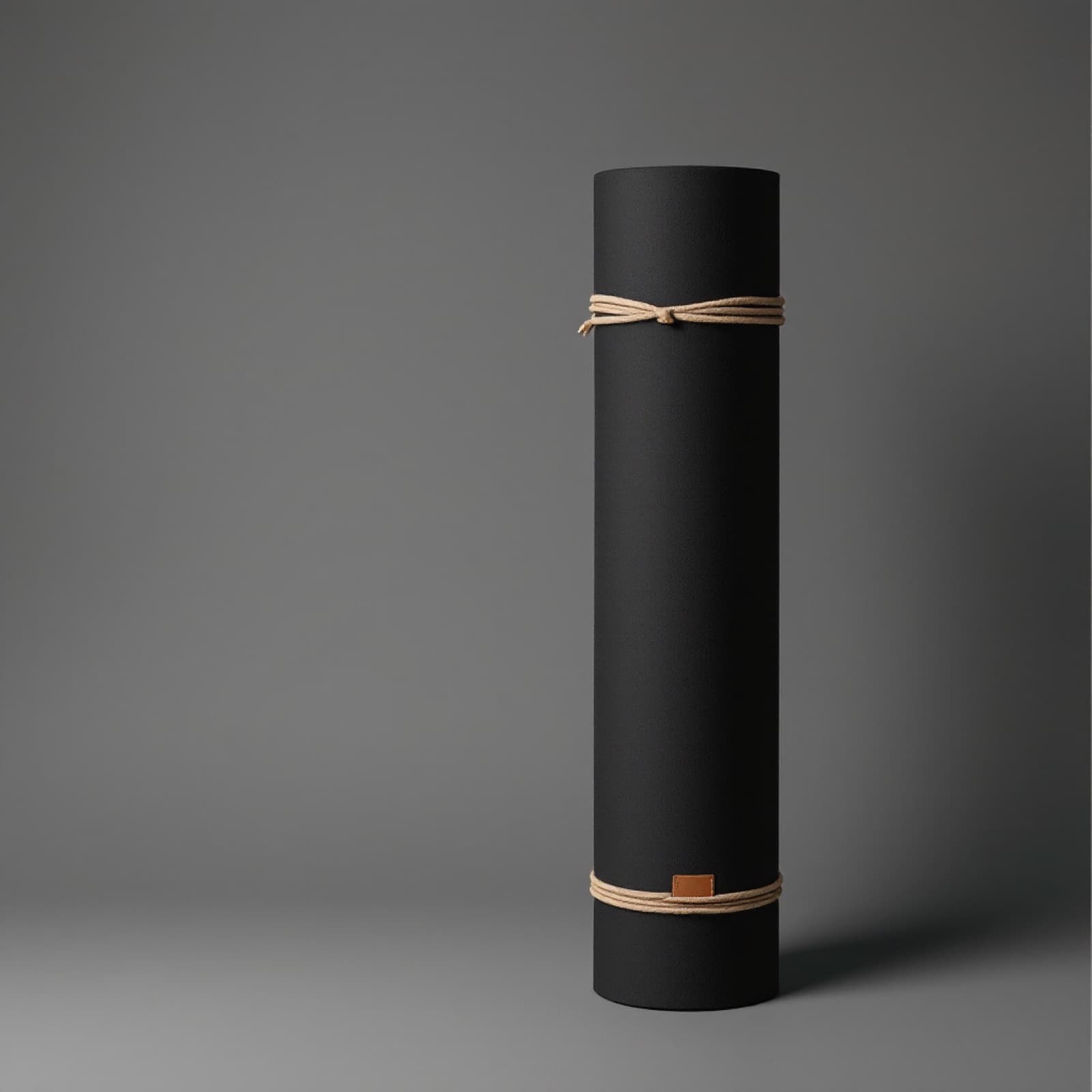 A rolled matte black neoprene mat tied with natural rope, in cold studio light