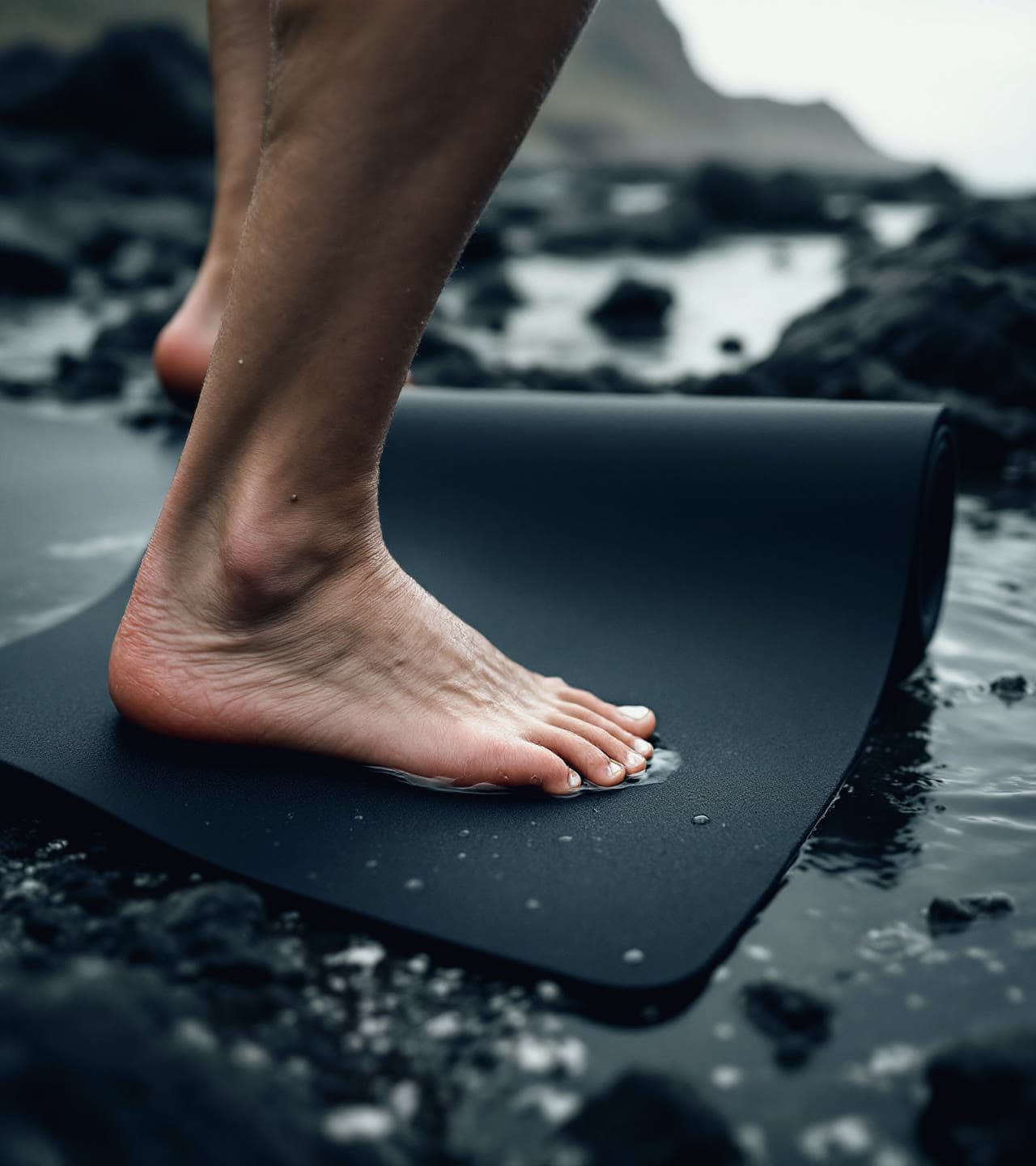 A bare heel pressing into a matte black neoprene mat, beads of water sitting on the surface