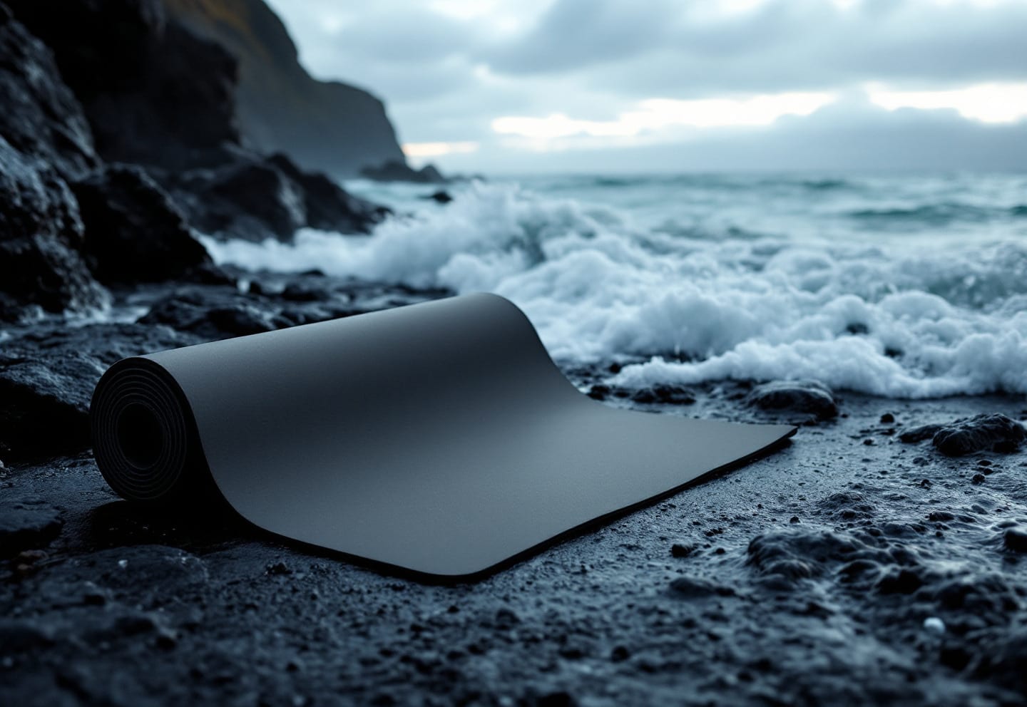 A dark neoprene yoga mat unrolled on wet black volcanic rock at the edge of a cold grey ocean