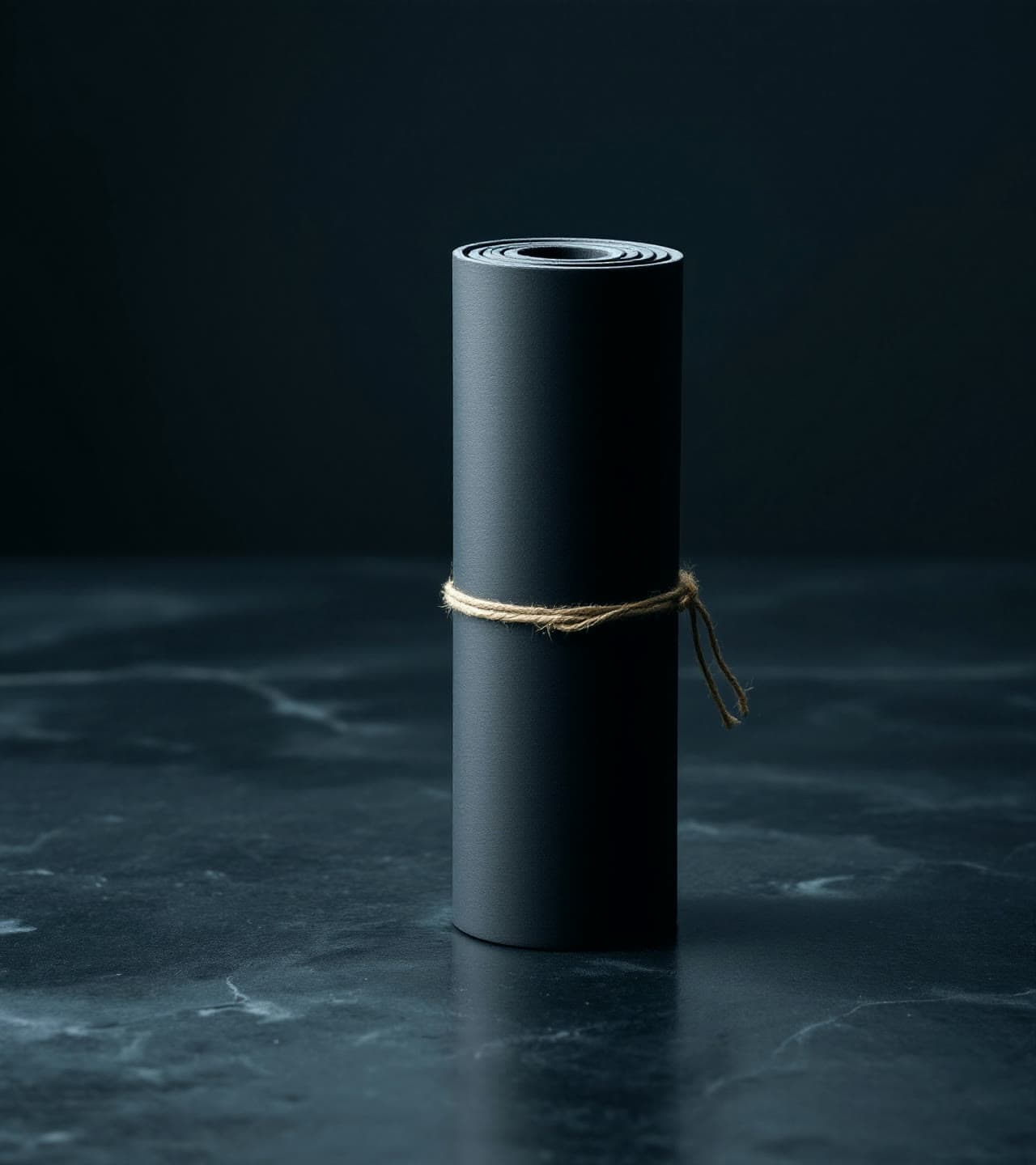 A rolled matte black neoprene mat standing on wet slate, tied with a hemp rope
