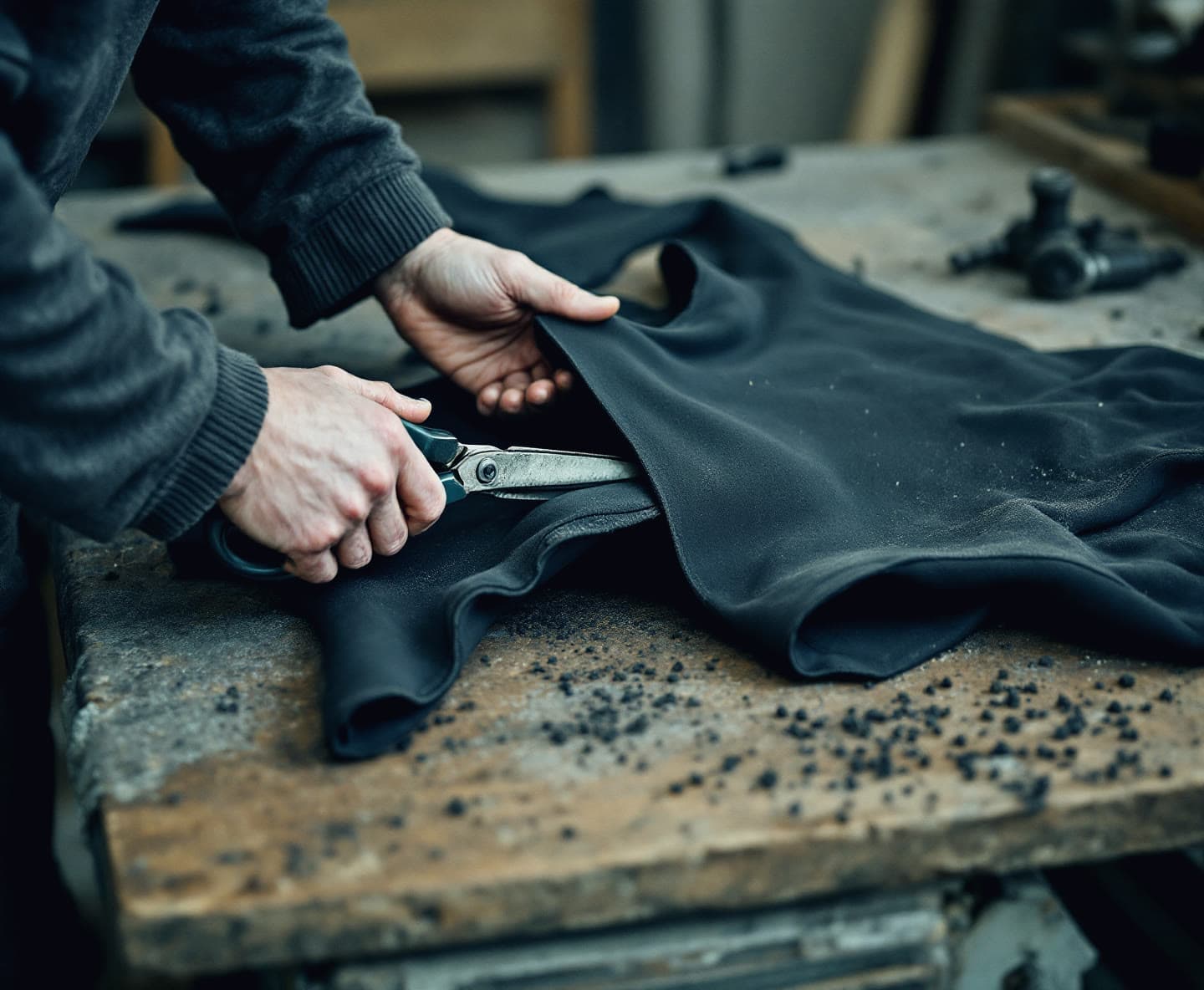 Two hands cutting a panel out of an old wetsuit with steel shears